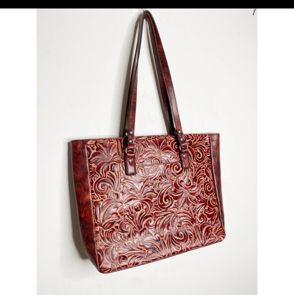 Patricia Nast Tooled Solaro Iron Red Leather Tote